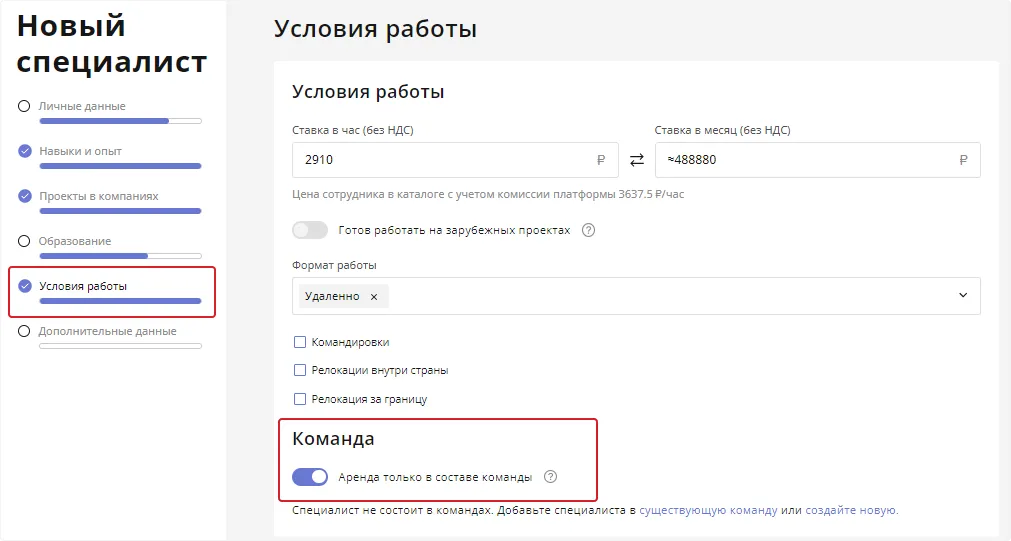 Скриншот с иструкцией по предоставлению спциалиста в составе команды